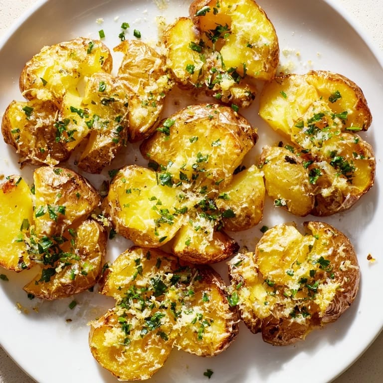 A close-up shot of delectable Parmesan smashed potatoes, perfectly seasoned and cooked until golden brown.