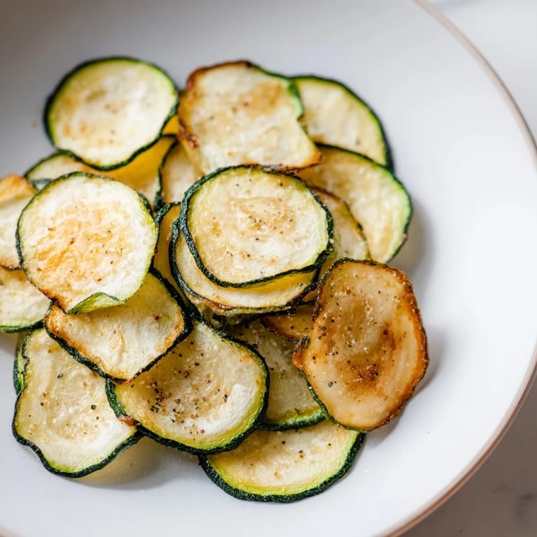 Freshly baked crispy zucchini chips, perfectly thin and showing a golden brown, irresistible texture.