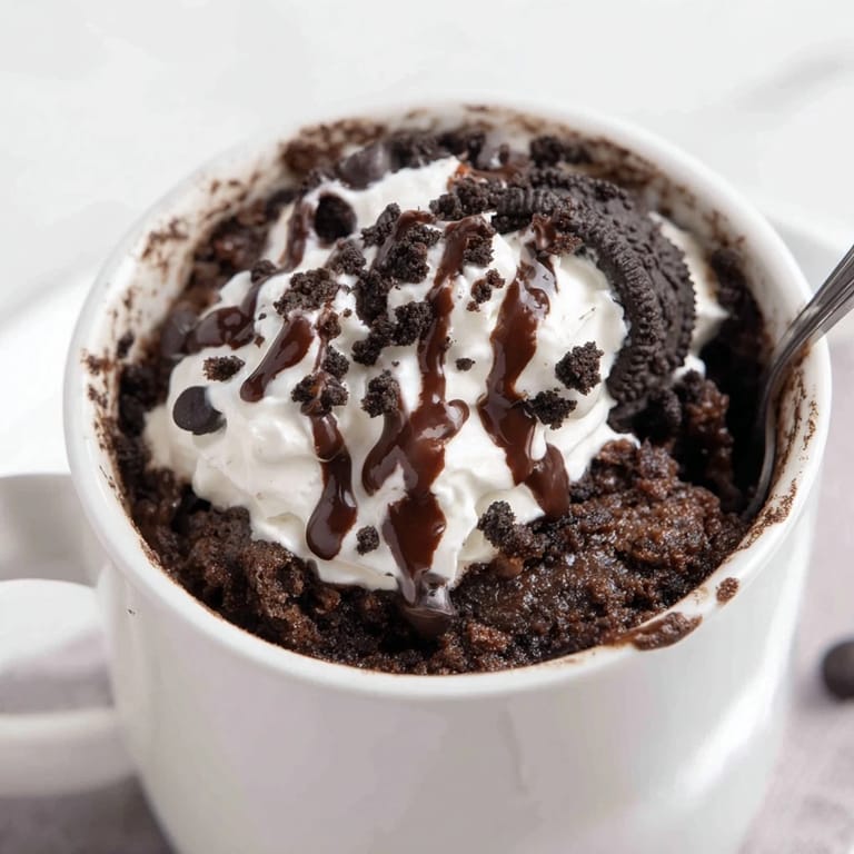 A warm, single-serving Oreo Mug Cake with gooey chocolate chips, ready in minutes.