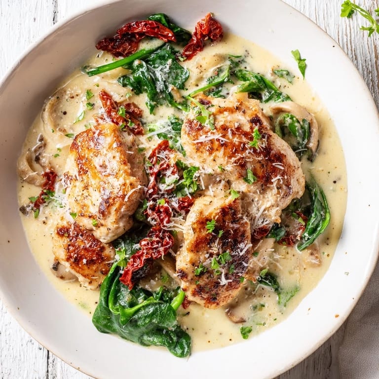 A close-up of delicious Creamy Tuscan Chicken: Juicy chicken with spinach and Parmesan, perfect for dinner.