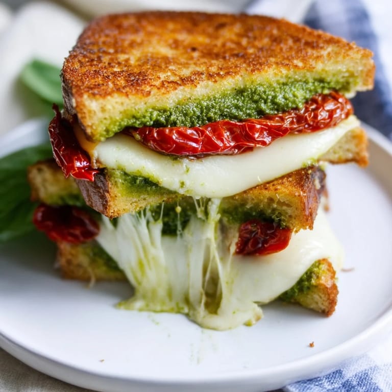 A close-up of a perfectly toasted pesto grilled cheese with warm melted cheese and pesto visible.