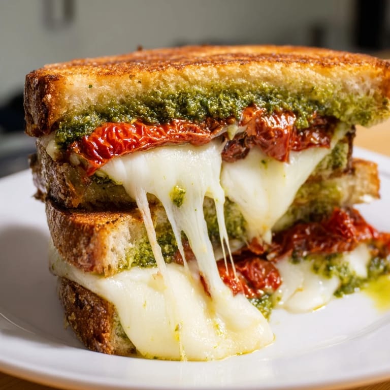 Sliced pesto grilled cheese, showing a delightful view: golden bread, creamy cheese, herbs, and textures.