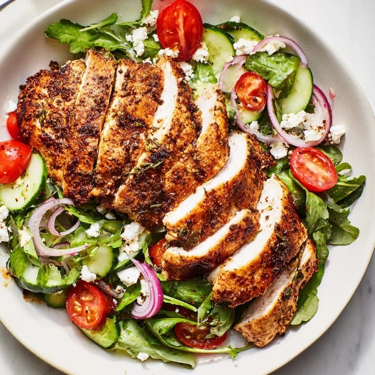 Fresh quick pan-seared chicken salad, showcasing tender chicken over a colorful salad with a tangy dressing.