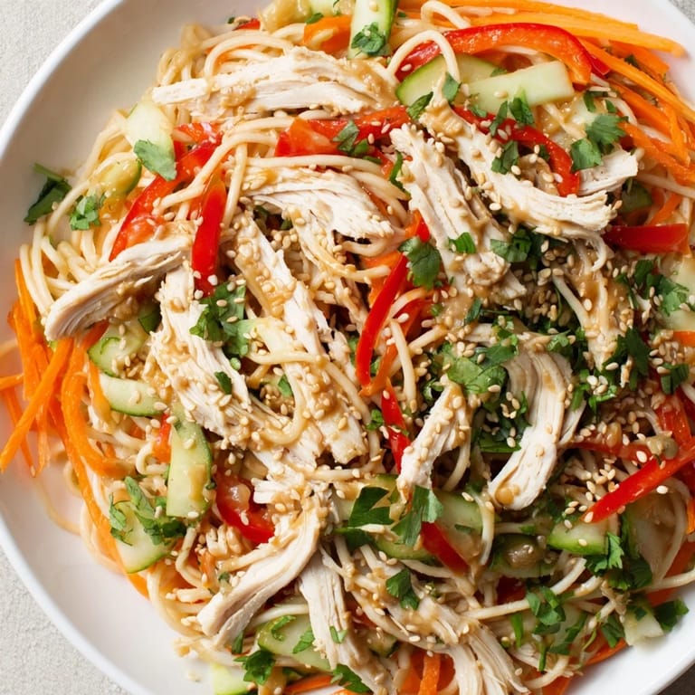 Close-up of a delightful Chilled Chicken Noodle Salad, featuring a medley of fresh ingredients and toasted sesame seeds.