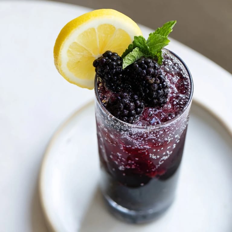 Visual of a refreshing Dark Matter Mocktail, showcasing its deep black hue and vibrant blackberry garnishes for a stunning flavor.