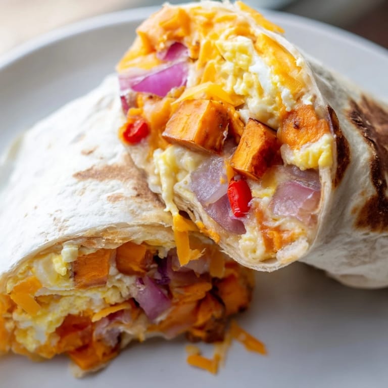 Golden, roasted sweet potatoes, peppers, and onion filling this savory sweet potato breakfast burrito.