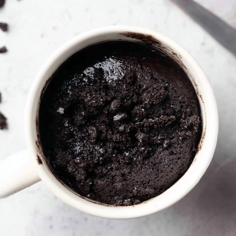 A freshly baked Oreo Mug Cake, with a soft, moist center, ready to be enjoyed straight from the mug.