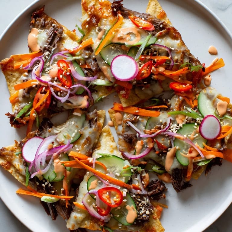 Golden, bubbling Korean BBQ Nachos feature tender beef atop crispy chips with colorful garnishes.