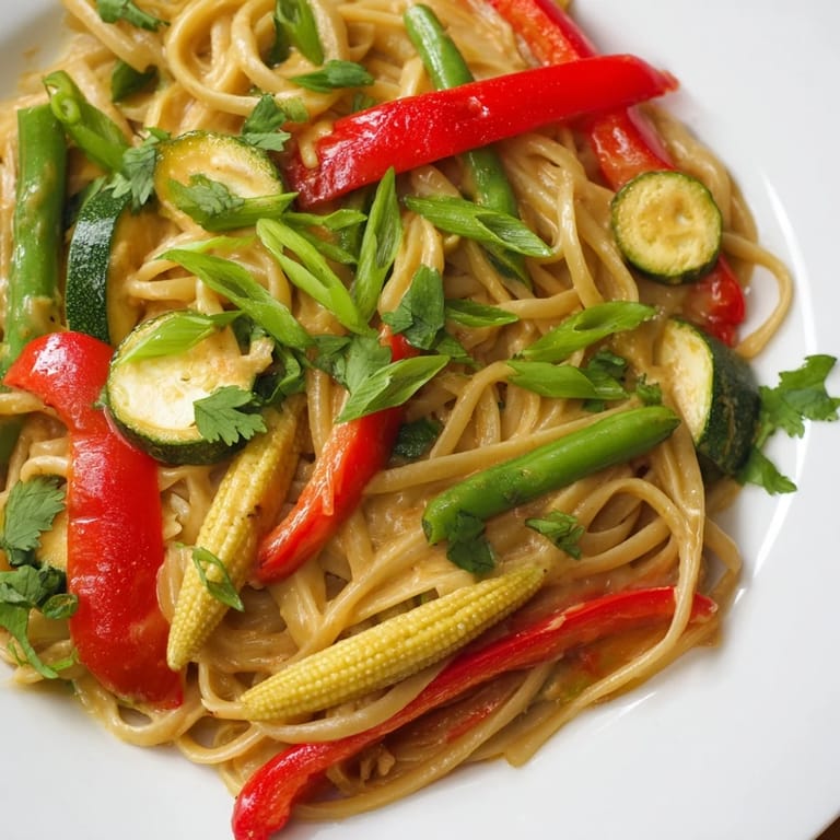 Bright green snap peas and vibrant red peppers in a delicious Thai Curry Pasta dish, ready to enjoy.