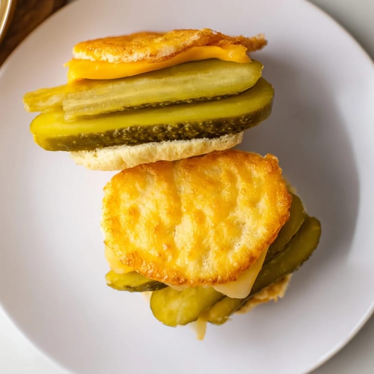 Crispy-edged, low-carb Pickle Bread Sandwich, filled with layered pickles and melted cheddar, so savory.