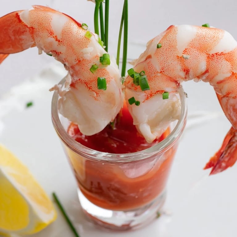 Enjoy chilled Retro Prawn Cocktail Shooters; a classic appetizer with a zesty cocktail sauce.