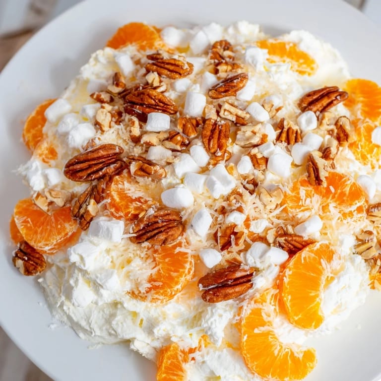 Serve this delightful Elevated Ambrosia Salad cold, a refreshing dessert with creamy whipped cream.
