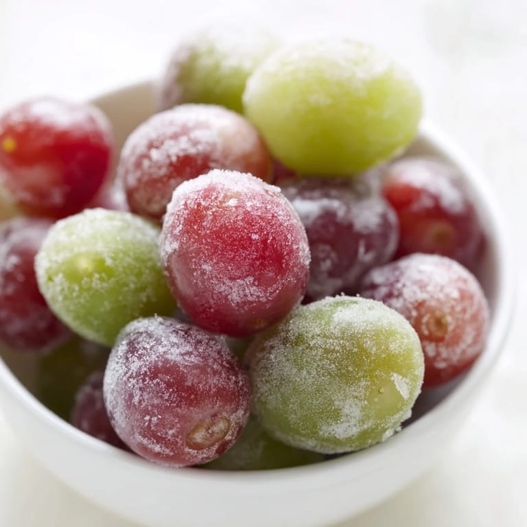 Vibrant red and green Frozen Grapes Spa Treat piled on a white ceramic plate, perfect for a healthy, cooling spa day indulgence.  
