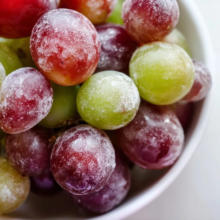 A close-up of Frozen Grapes Spa Treat showing frosty, sweet grapes ready to eat, ideal for hydrating summer snacking.