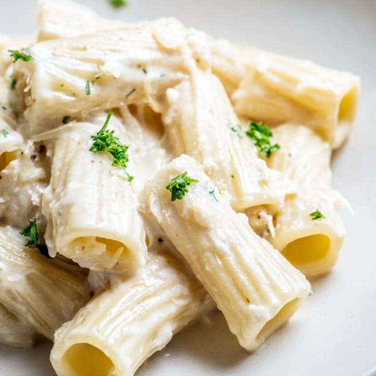 Easy Creamy Milk Pasta One-Pot finishing with a sprinkle of Parmesan, nutmeg aroma, and a wooden spoon ready to serve.
