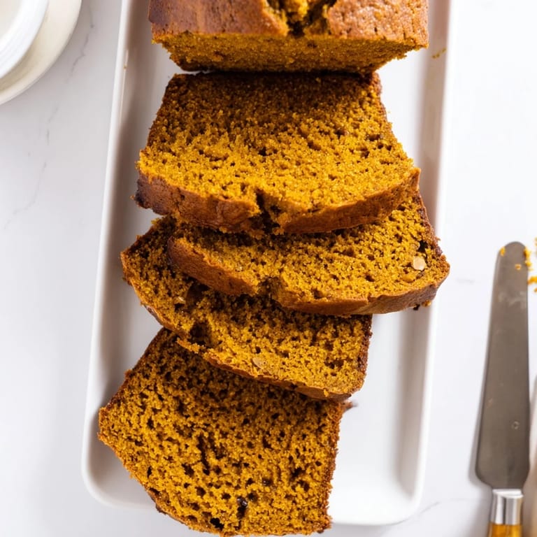 Moist pumpkin bread loaf studded with walnuts and chocolate chips, drizzled with a light glaze.