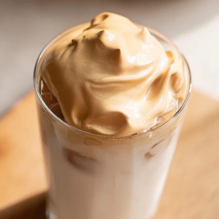 Velvety whipped Dalgona coffee stacked high on hot milk, served in a clear mug for a cozy, creamy coffee experience.