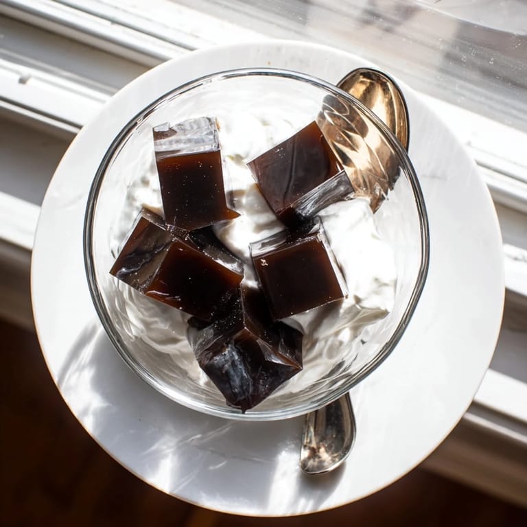 Sweetened cream cascades over chilled coffee jelly cubes in a serving glass, offering a light and elegant treat for coffee lovers.