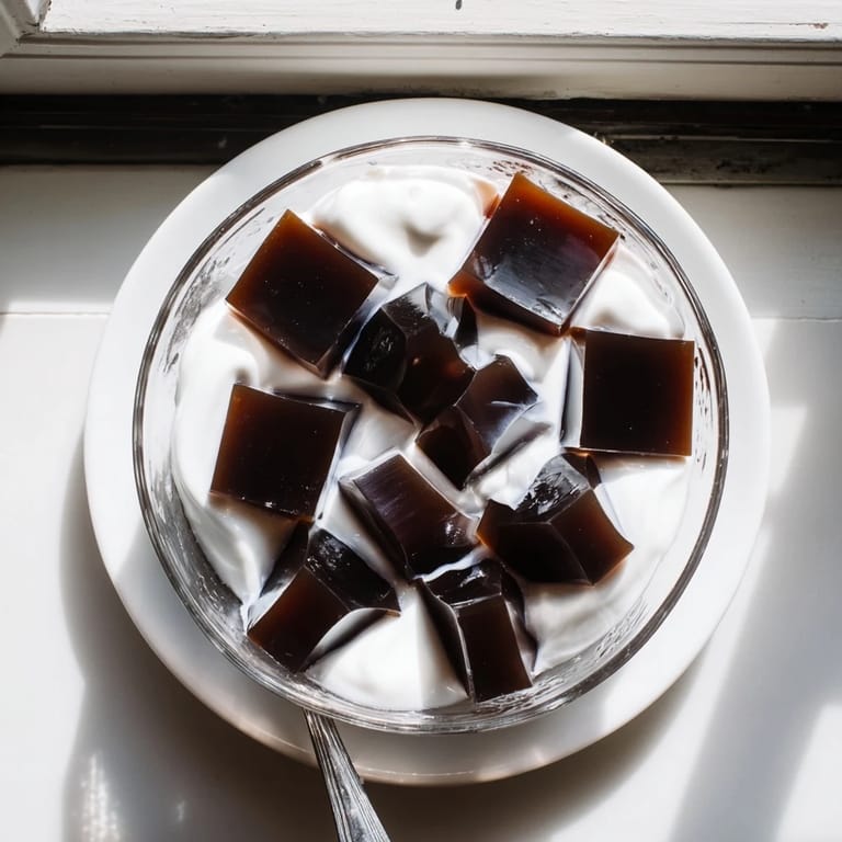 A spoonful of soft coffee jelly and creamy topping showcases the easy homemade dessert, perfect for an afternoon pick-me-up.