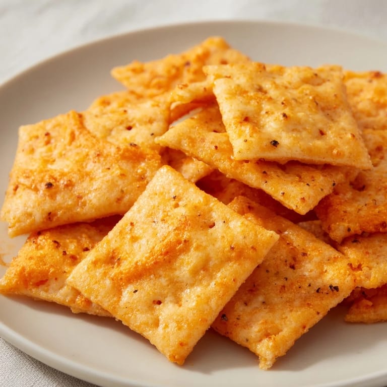 A close-up view of homemade Crispy Cheeto Cheese Crackers stacked on a cooling rack, highlighting the sharp cheddar and bold orange hue.  