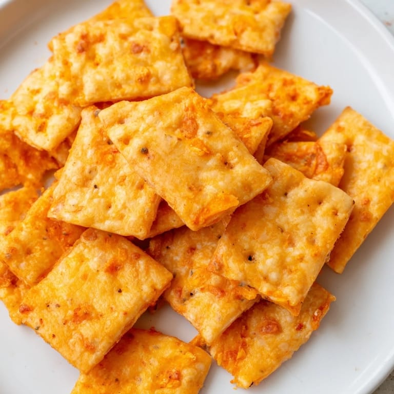 Freshly baked Crispy Cheeto Cheese Crackers served with a creamy dip, perfect for a party snack or cozy movie night.