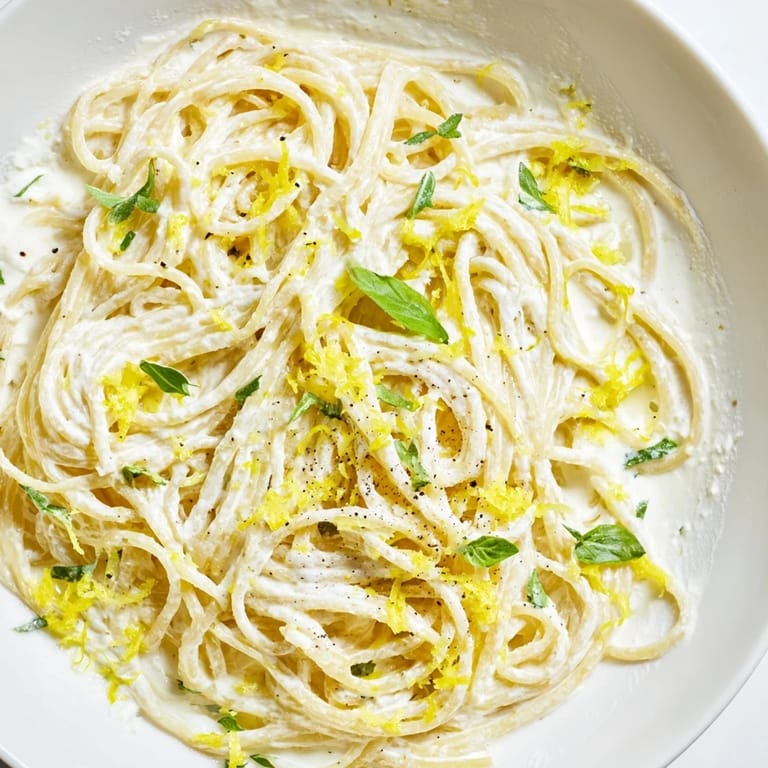 Close-up view of lemon ricotta pasta topped with grated Parmesan and chopped fresh herbs, served in a white bowl ready for a light lunch or dinner.