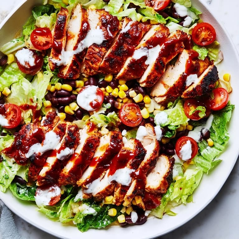Serving this BBQ Chicken Salad on a rustic platter, the golden corn and cheese add a colorful finish.