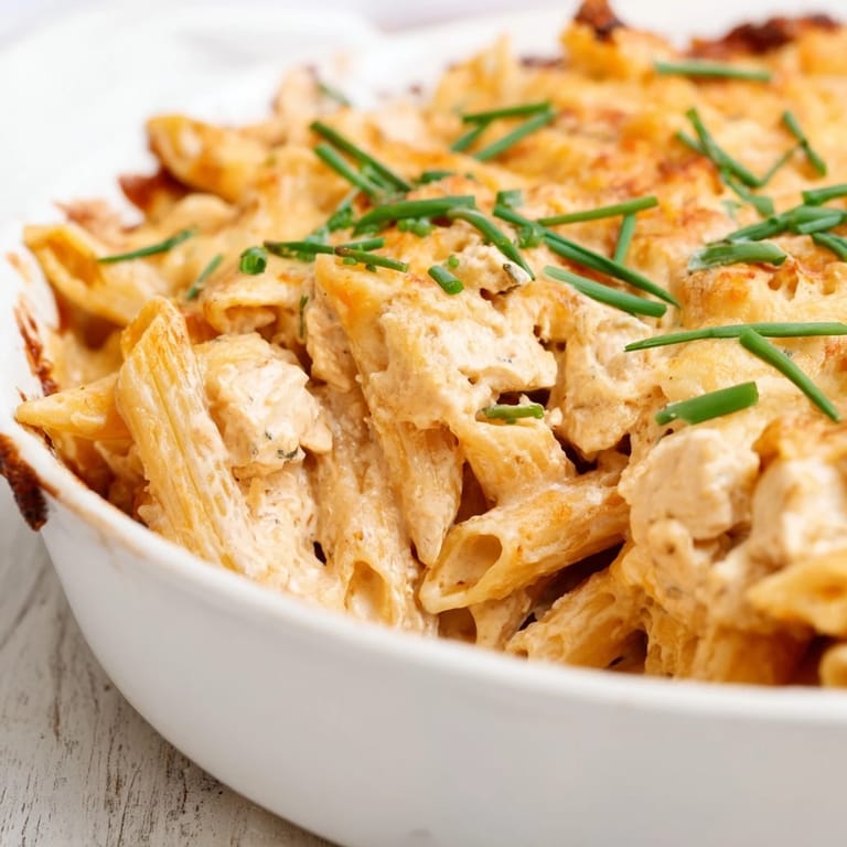 Hearty Chicken Ranch Pasta Bake casserole with penne, creamy sauce, and melted cheese, perfect for family dinner.  