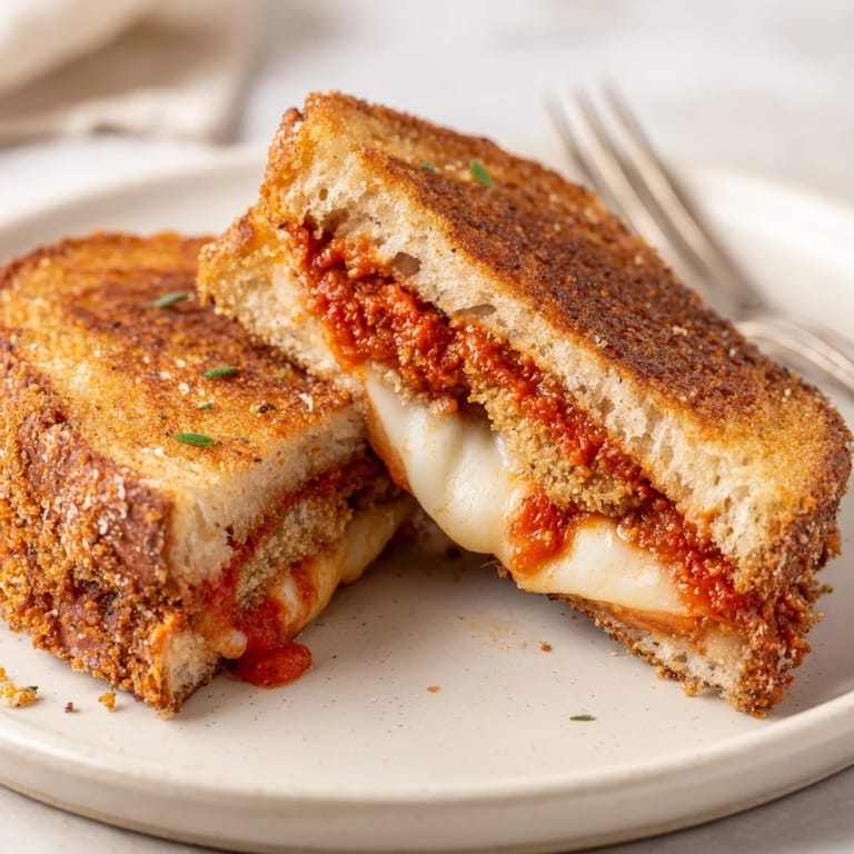 Sliced Chicken Parm Grilled Cheese on a wooden board, ready to serve with a side of warm marinara.