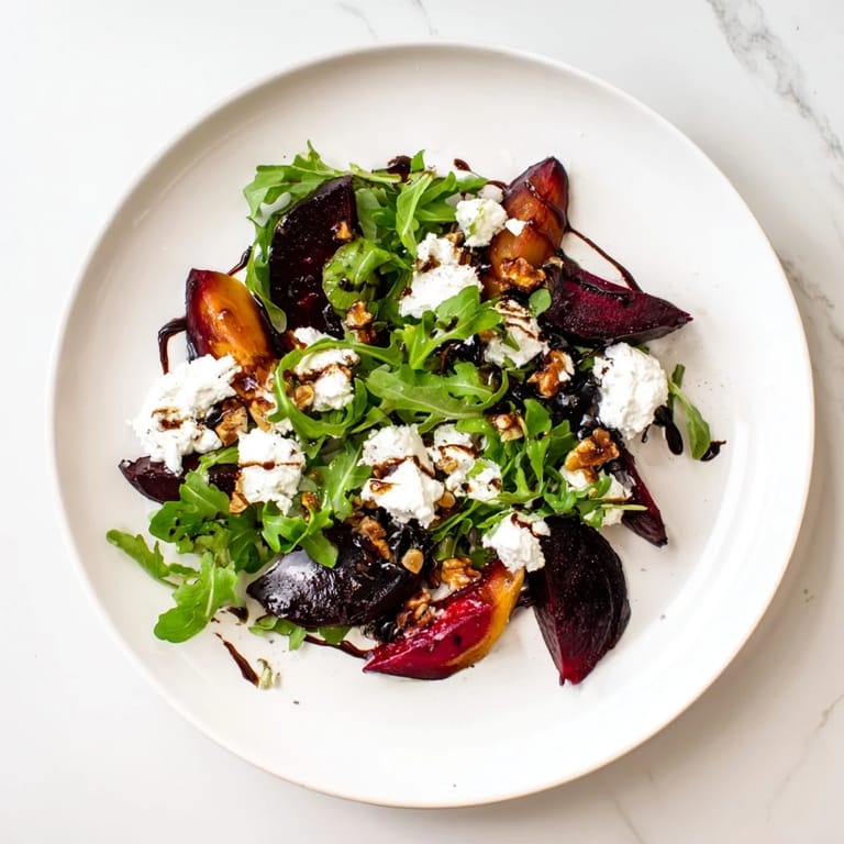 A colorful bowl of roasted beet goat cheese salad with toasted walnuts, fresh herbs, and tangy balsamic vinaigrette.