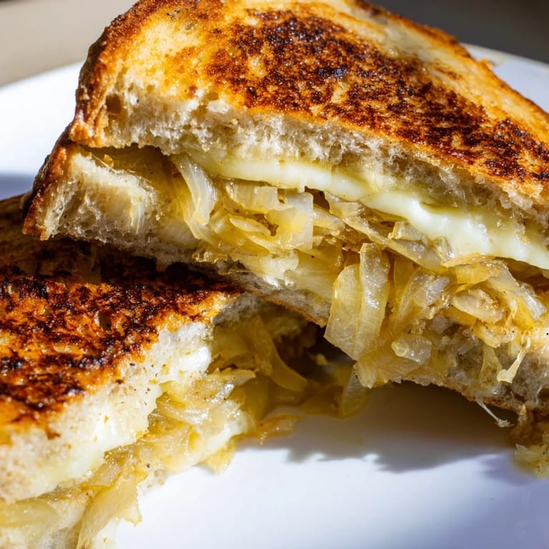 Steam rises from the warm Caramelized Onion & Gruyère Grilled Cheese, highlighting the nutty Gruyère and buttery, toasted country bread slices on a rustic plate.
