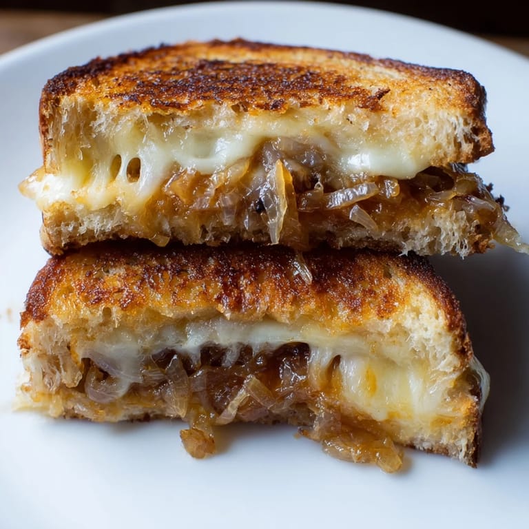 A comforting plate of Caramelized Onion & Gruyère Grilled Cheese, served alongside a vibrant green salad, showcasing the rich, melted cheese and savory onion filling.