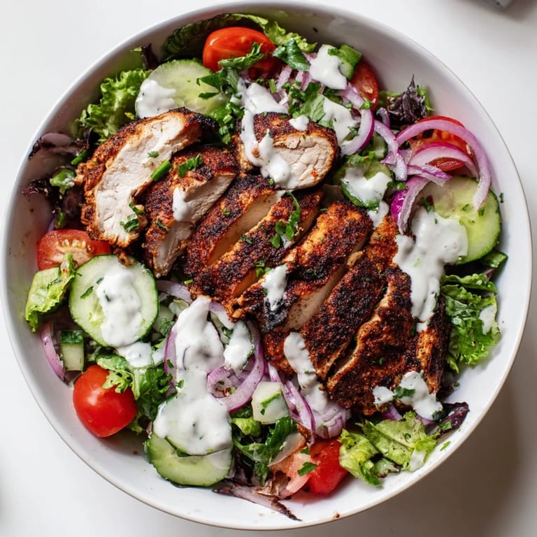 Vibrant Chicken Shawarma Salad Bowl featuring juicy marinated chicken atop mixed greens with fresh veggies and a zesty yogurt garlic drizzle.  