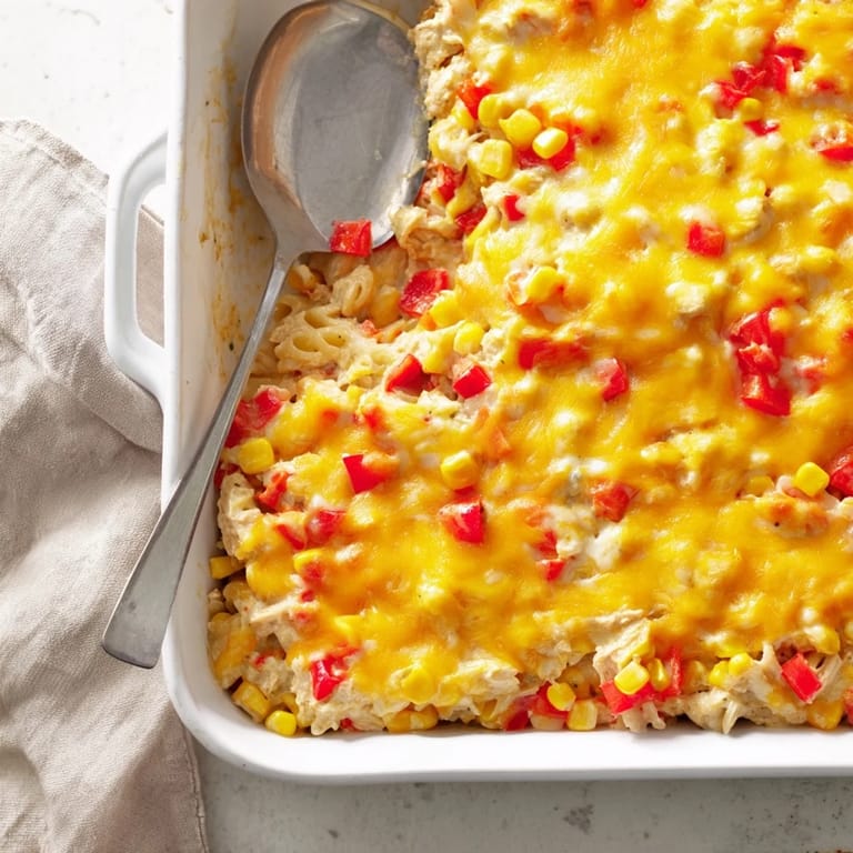 Sliced jalapeños and fresh cilantro garnish a hearty serving of Chicken Burrito Pasta Bake beside a lime wedge.