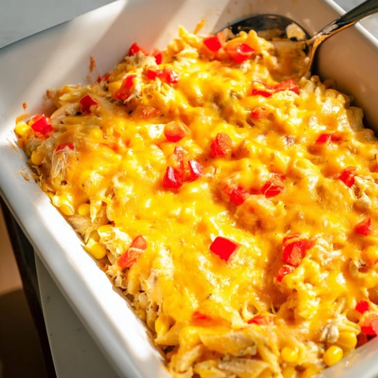 A bubbling skillet of Chicken Burrito Pasta Bake is loaded with tender chicken, black beans, and melted cheddar.