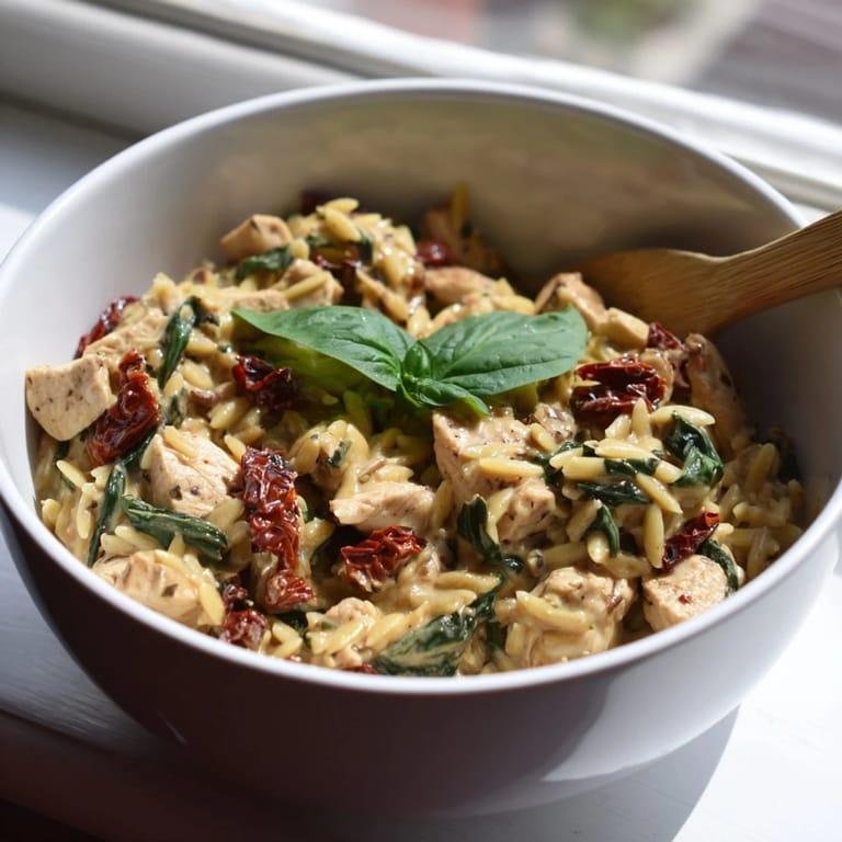 Bright sunlight highlights the Tuscan Chicken Orzo in a rustic pan, garnished with fresh basil and shaved Parmesan cheese.