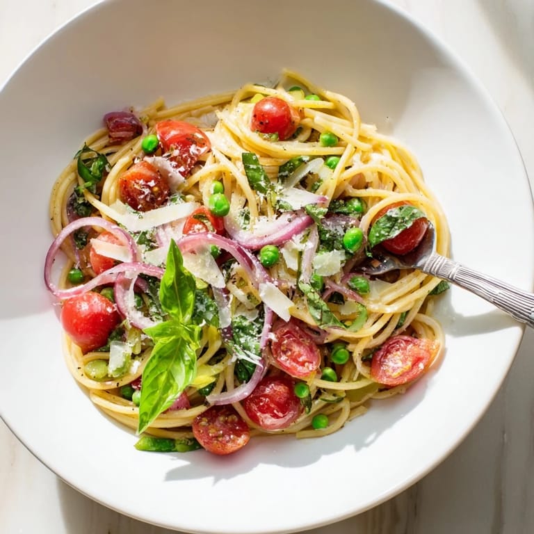 Spring Veggie One-Pot Spaghetti featuring tender peas, spinach, and cherry tomatoes in a light lemon broth.