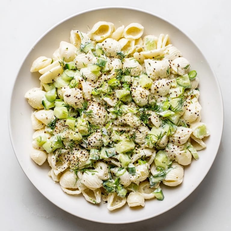 A chilled pasta salad with diced cucumbers, fresh dill, and a sprinkle of everything bagel seasoning for a crunchy finish.  