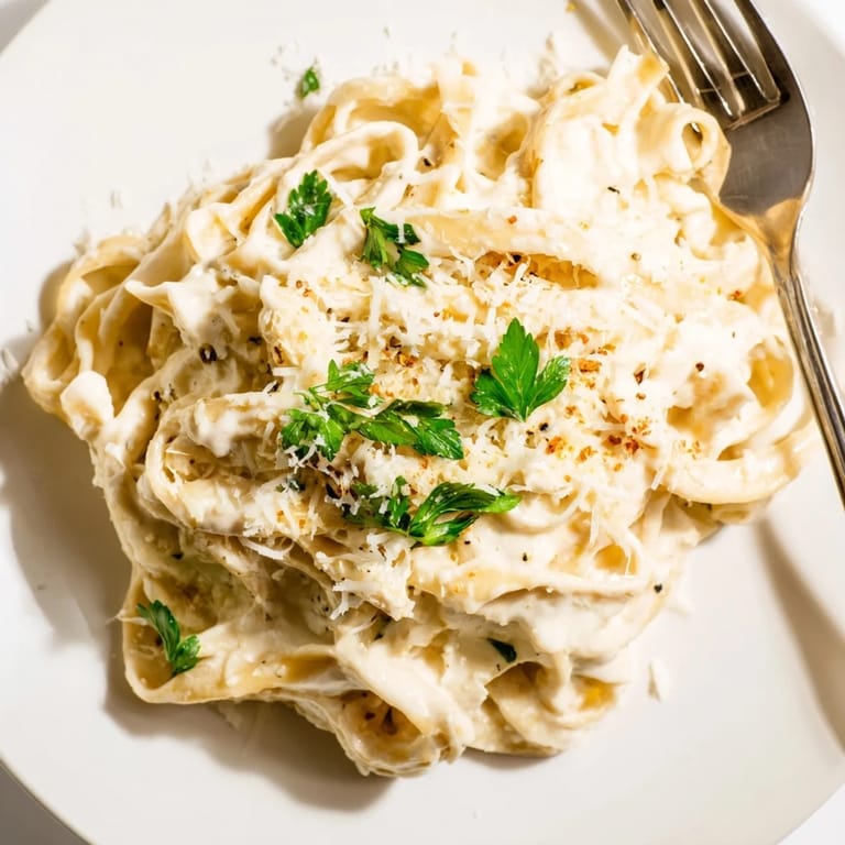 Hearty serving of easy creamy cauliflower Alfredo pasta, garnished with parsley and Parmesan, ready to enjoy.