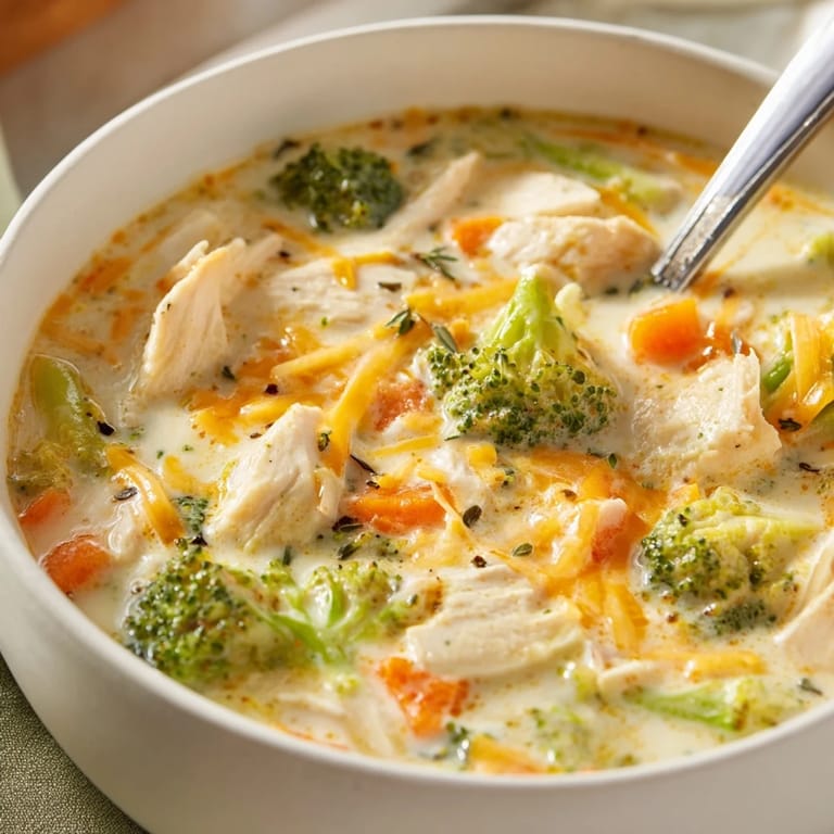 A steaming bowl of creamy Chicken Broccoli Cheddar Soup, featuring tender diced chicken and vibrant green broccoli florets in a rich, cheesy broth.