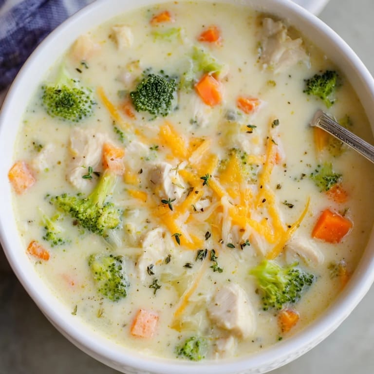 Spoon dipping into a warm, comforting bowl of homemade Chicken Broccoli Cheddar Soup, topped with extra shredded cheddar and fresh parsley.
