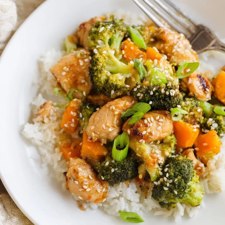 Savory One Pan Honey Garlic Chicken Broccoli Rice served in a skillet with steaming, glossy sauce.