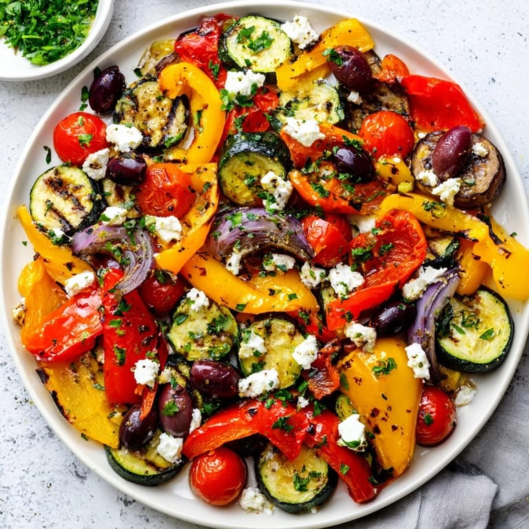 Warm roasted Mediterranean vegetables from the Roasted Greek Salad are tossed with fresh parsley and drizzled with a zesty lemon-oregano dressing.