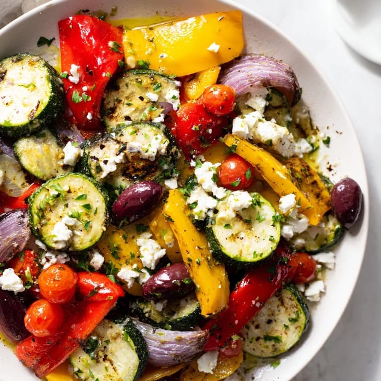 A hearty Roasted Greek Salad showcases caramelized cherry tomatoes, red onion wedges, and creamy feta cheese served on a rustic white platter.