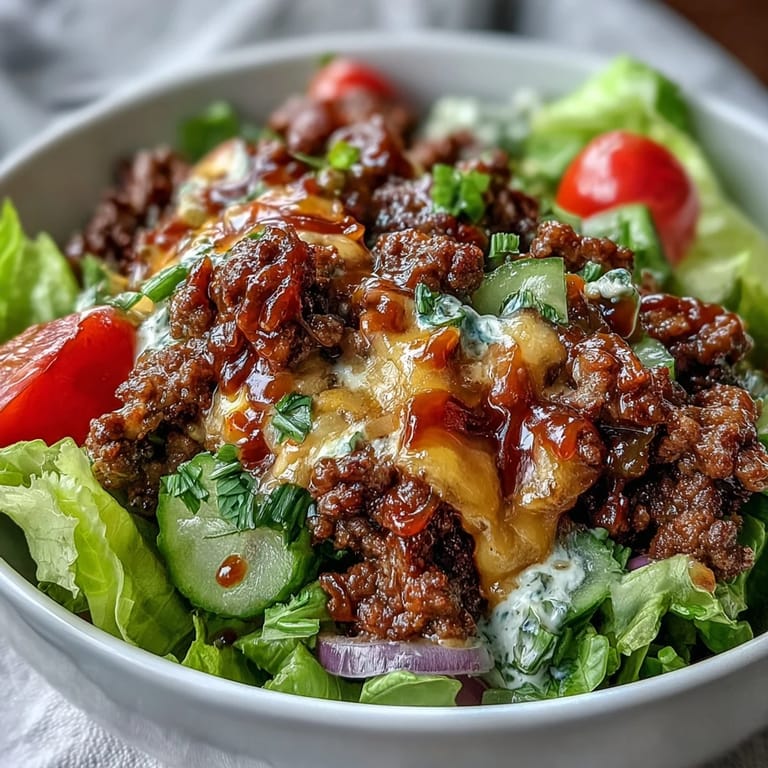 Serving suggestion for Easy Big Mac in a Bowl: a gluten-free deconstructed burger topped with special sauce, ready for a healthy weeknight meal.