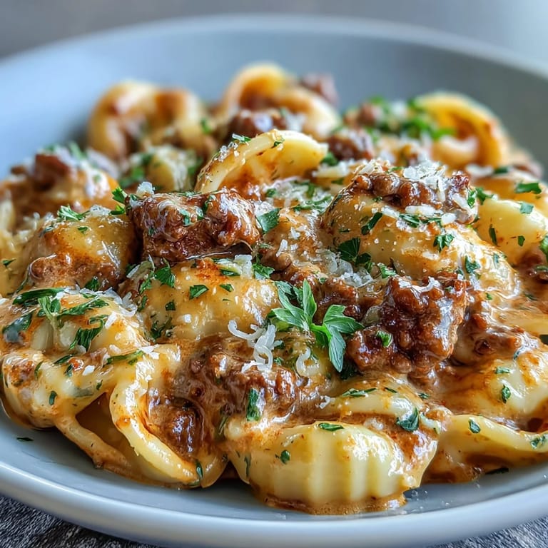 Ready in 35 minutes, One Pot Creamy Beef and Shells simmers ground beef and pasta shells in a creamy tomato sauce for an easy weeknight meal.