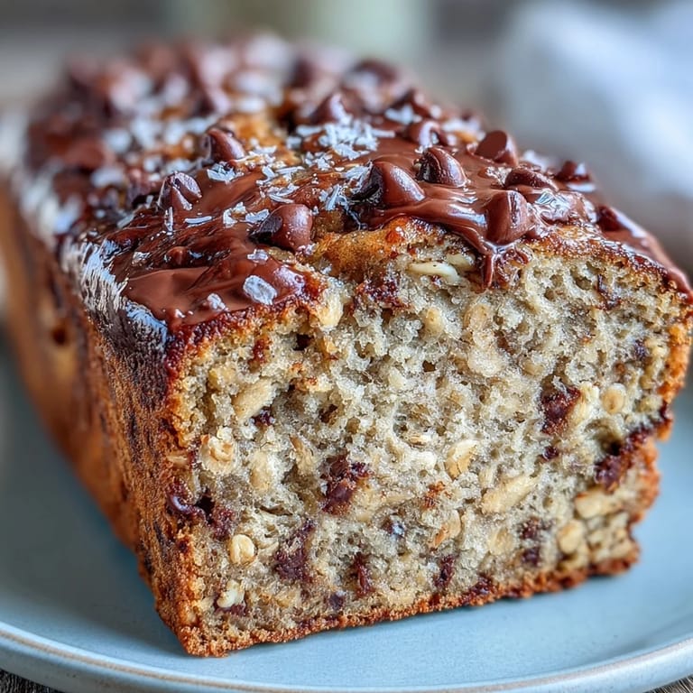 Freshly baked Chocolate Chip Peanut Butter Oatmeal Banana Bread with a golden crust, sliced to reveal a tender, oat-filled crumb inside.