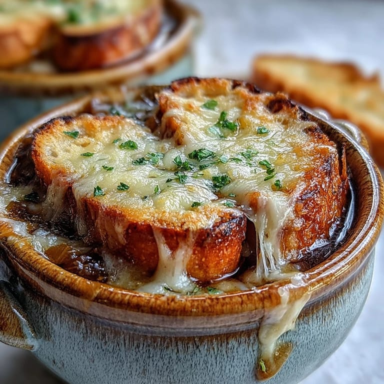 A cozy bowl of rich, caramelized onion soup ready to serve.