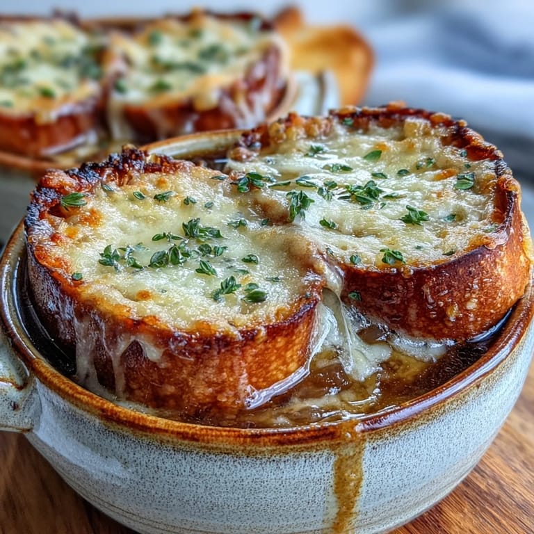 Freshly broiled French Onion Soup with melted cheese and thyme garnish.