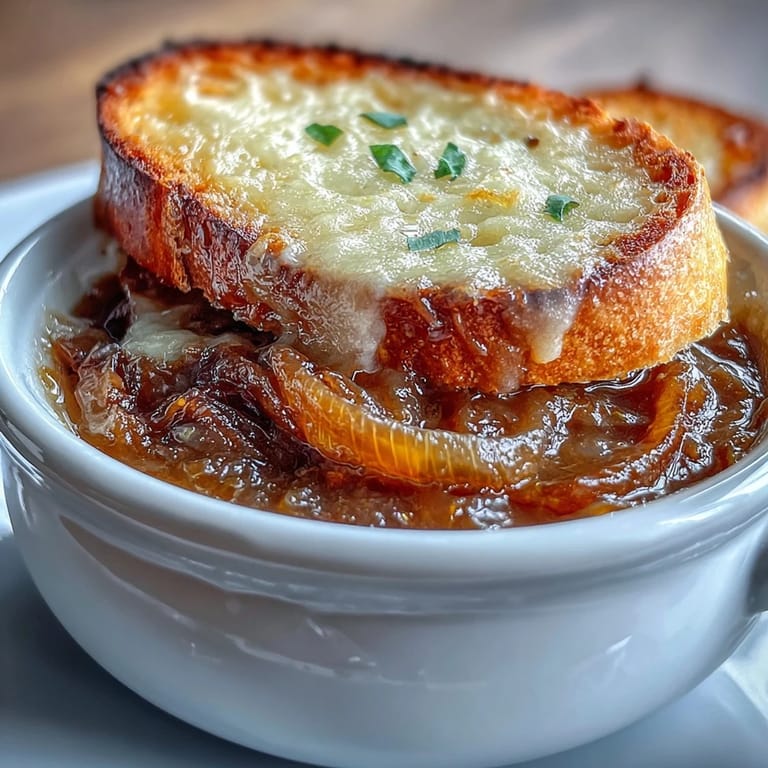 A bubbling, golden-topped Classic French Onion Soup ready to enjoy with a side salad.